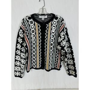 Vintage 3D Knit Cardigan Sweater Mirror Kitty Hawk Vivan Wang‎ Women's Artsy MED